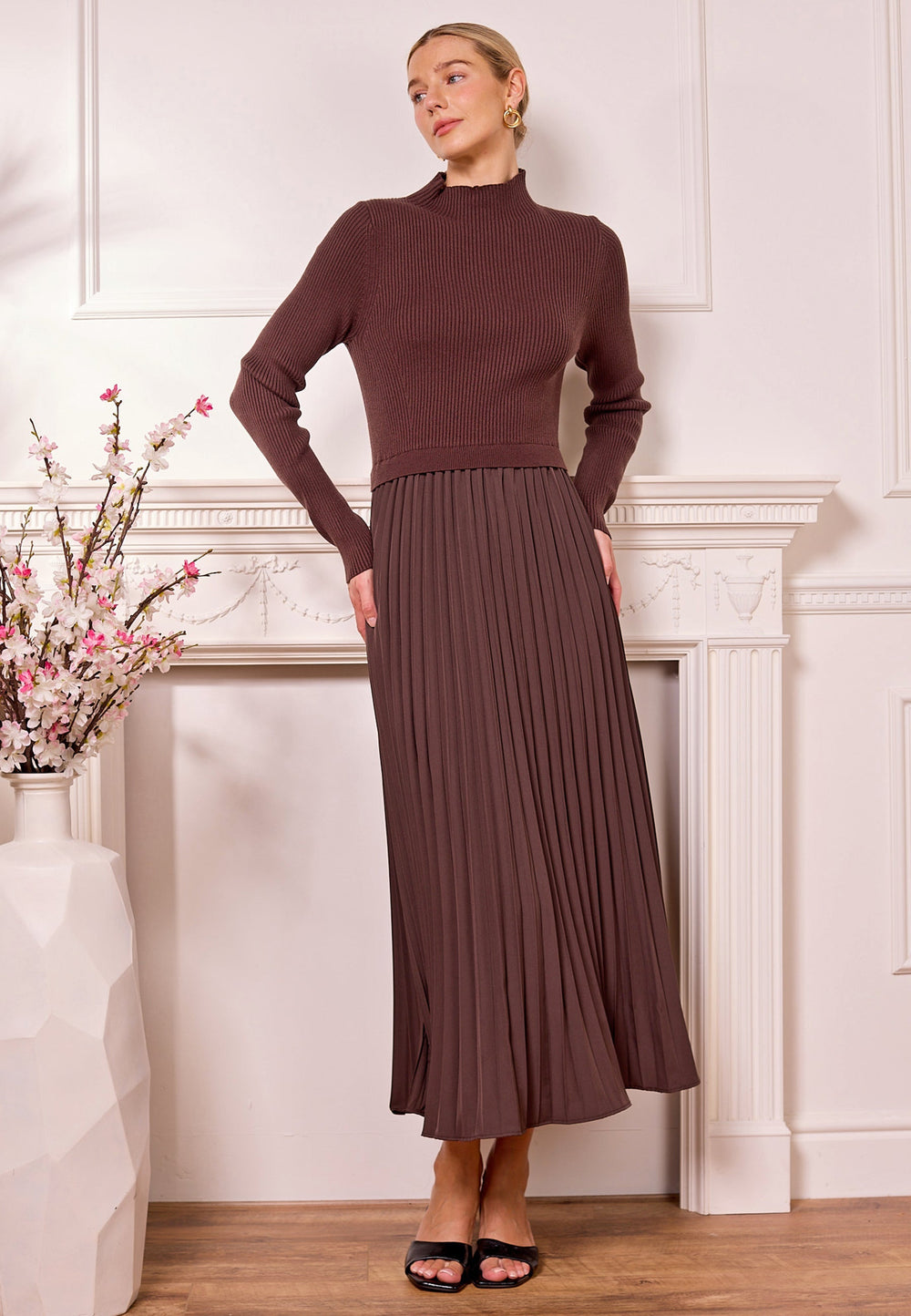 (4P.PACK) Knit Top and Pleated Skirt Maxi Dress in Brown - jqwholesale.com