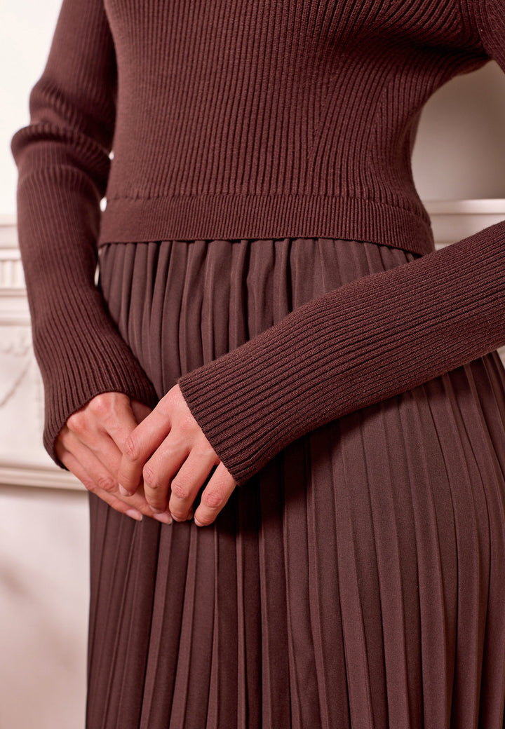 (4P.PACK) Knit Top and Pleated Skirt Maxi Dress in Brown - jqwholesale.com