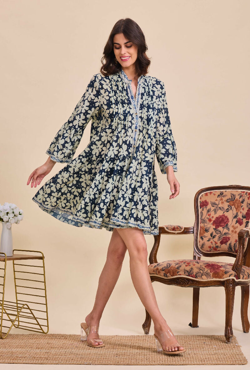 Short A-line dress in printed cotton- Navy
