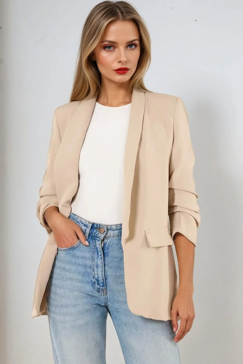 Beige Blazer with Ruched Sleeves - jqwholesale.com