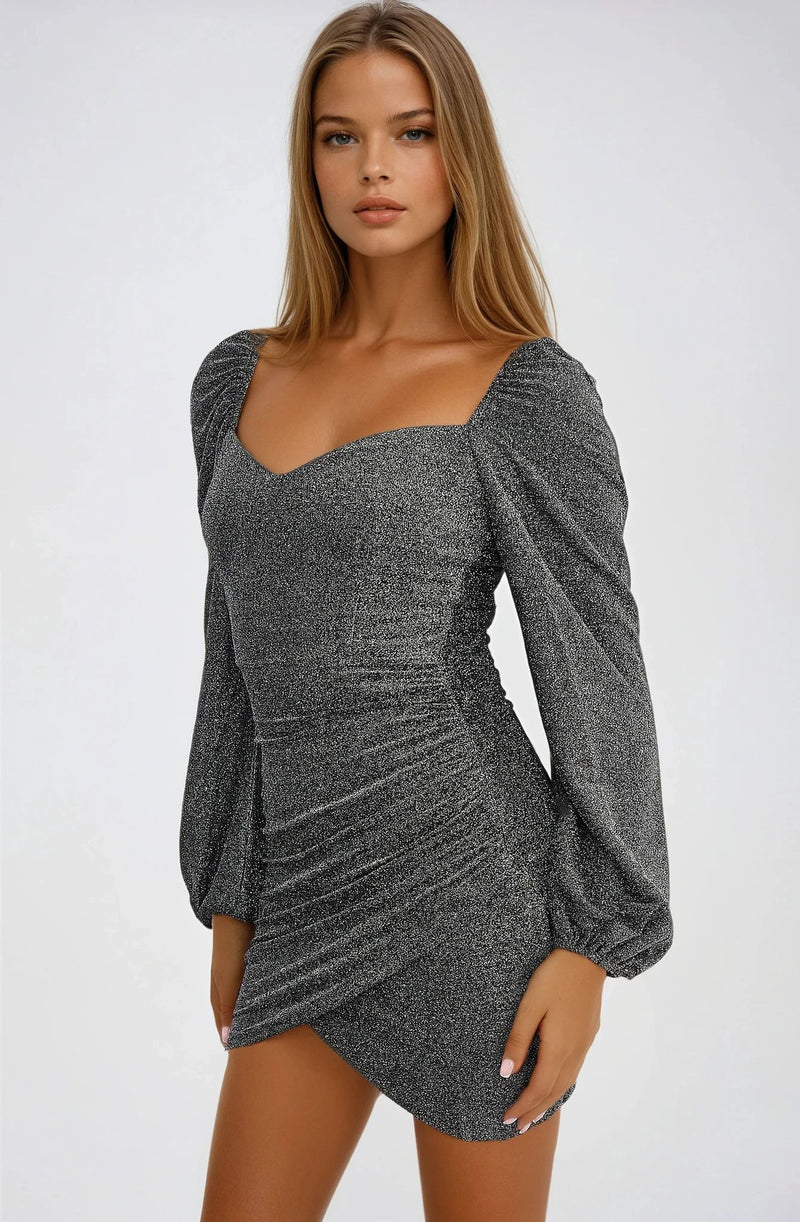 Silver Long Sleeve Mini Dress - jqwholesale.com