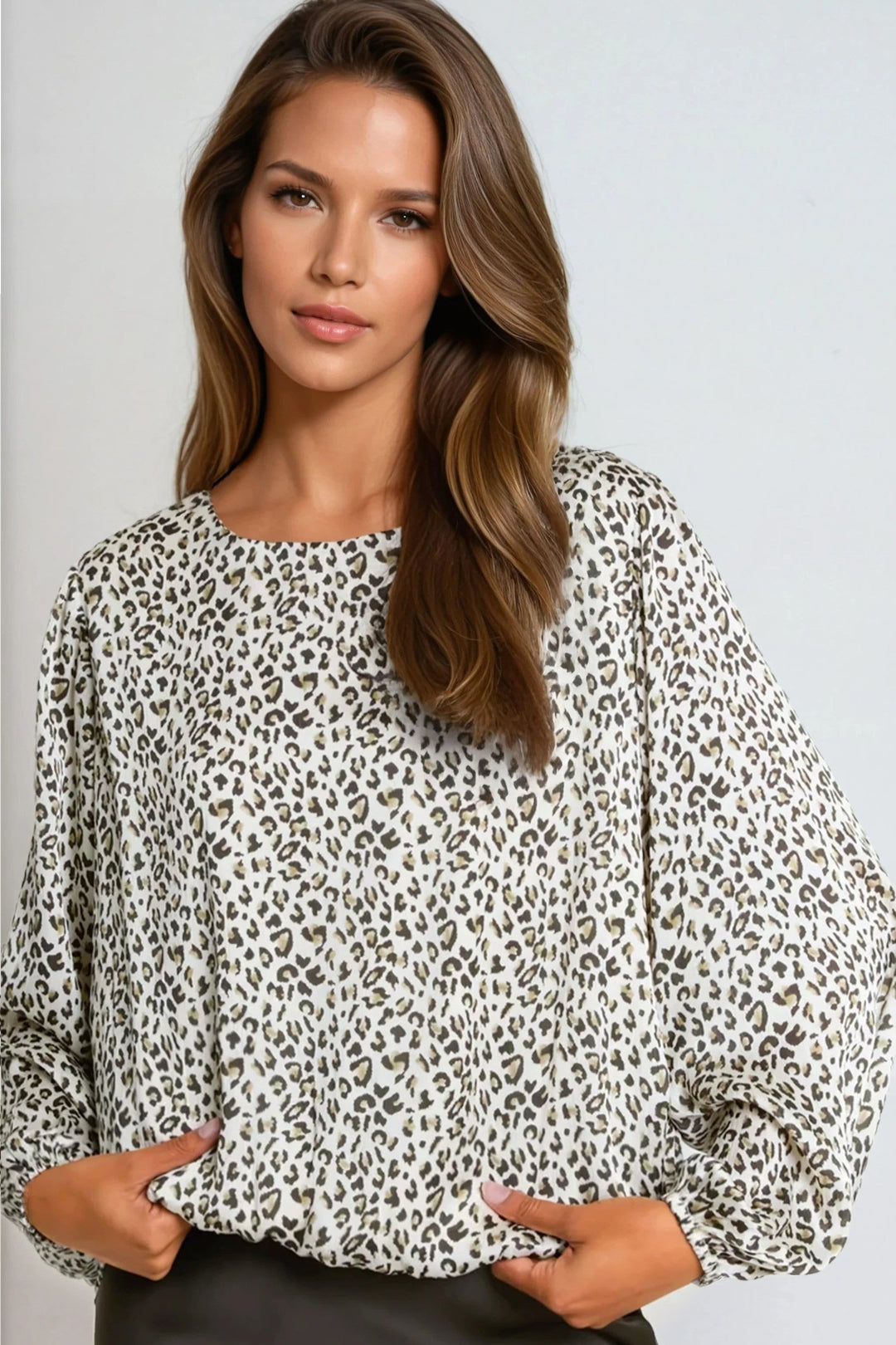Khaki Leopard Print Round Neck Top - jqwholesale.com