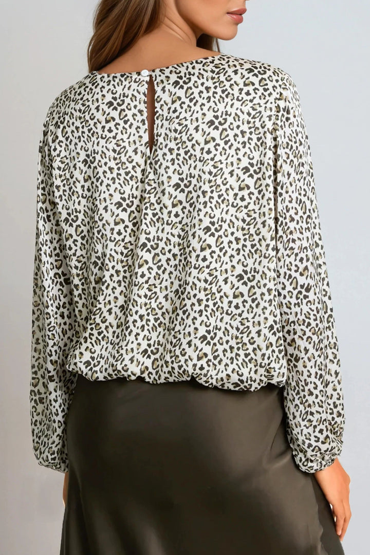 Khaki Leopard Print Round Neck Top - jqwholesale.com