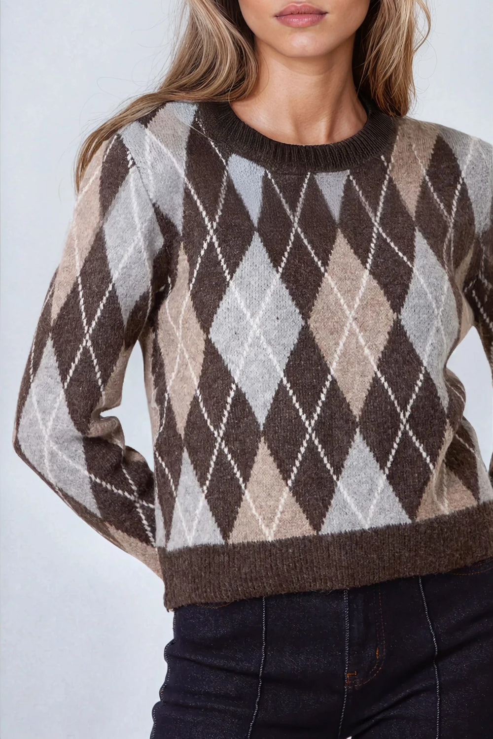 Light Brown Grey Wool Blend Jacquard Jumper - jqwholesale.com
