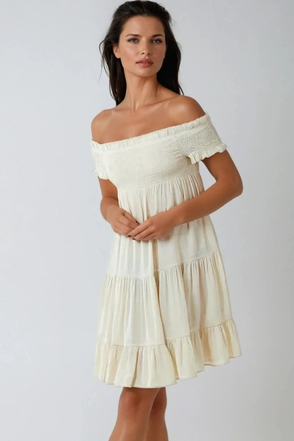 Beige Bardot Shirred Mini Dress - jqwholesale.com