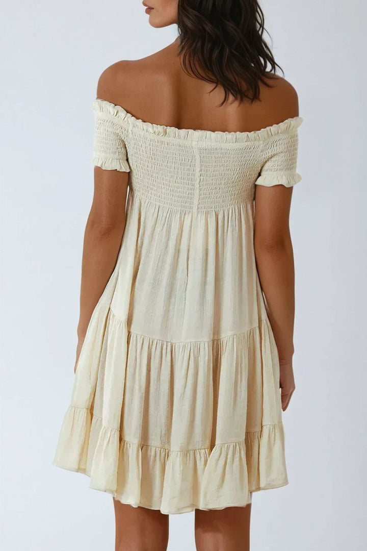 Beige Bardot Shirred Mini Dress - jqwholesale.com