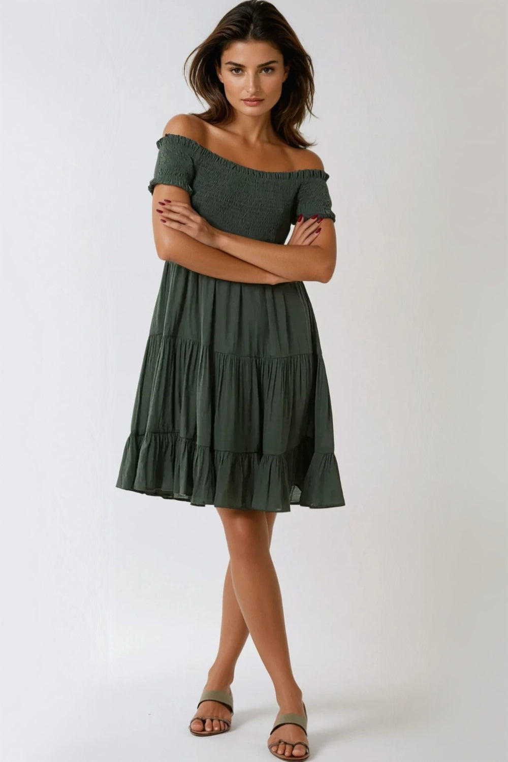 Khaki Bardot Shirred Mini Dress - jqwholesale.com