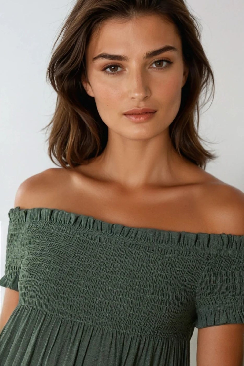 Khaki Bardot Shirred Mini Dress - jqwholesale.com