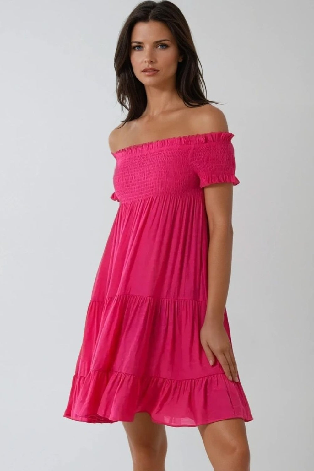 Fuchsia Bardot Shirred Mini Dress - jqwholesale.com