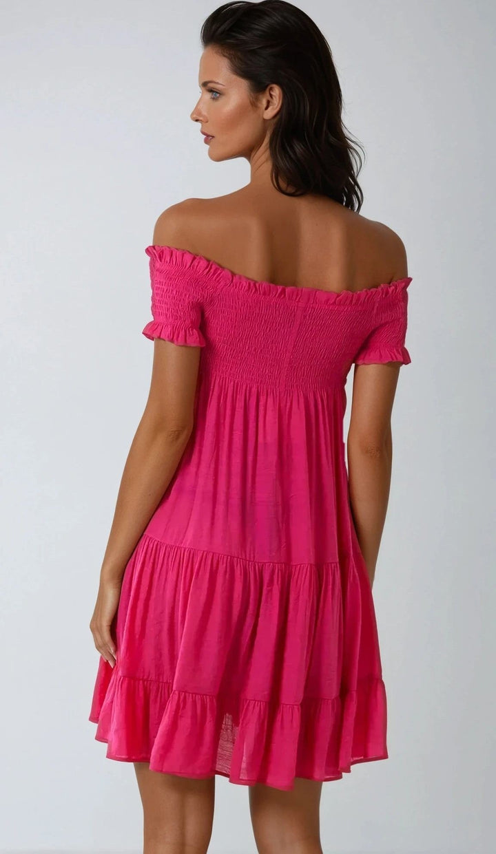 Fuchsia Bardot Shirred Mini Dress - jqwholesale.com