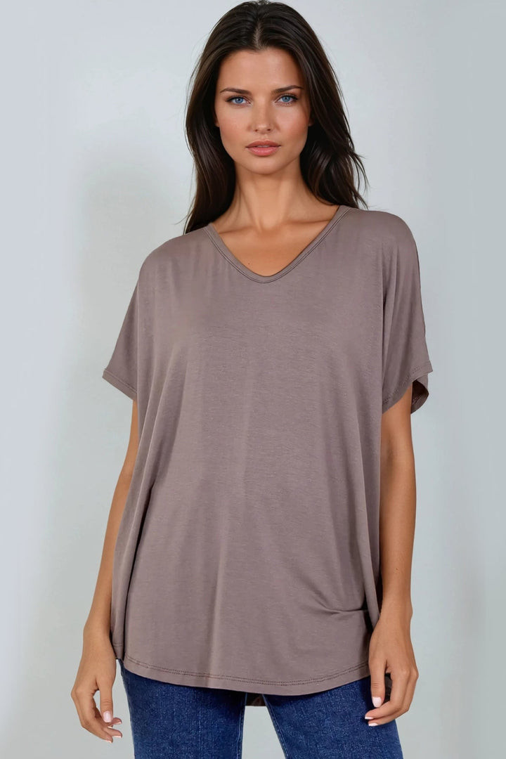 Mocha Oversized V Neck T Shirt - jqwholesale.com