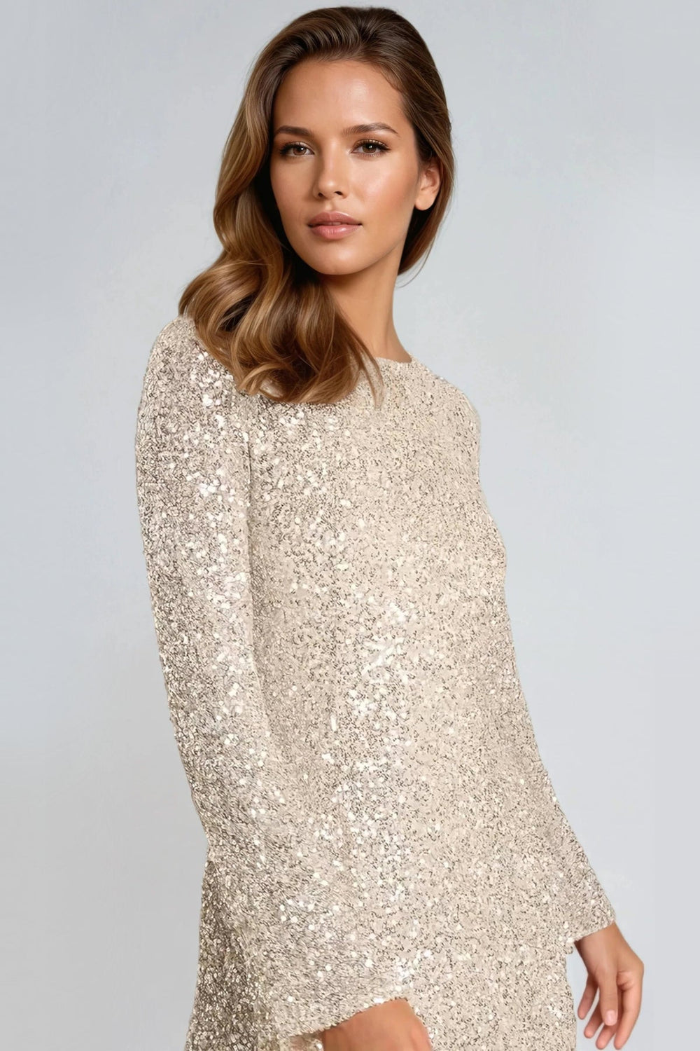 Champagne Bow Back Sequin Mini Dress - jqwholesale.com