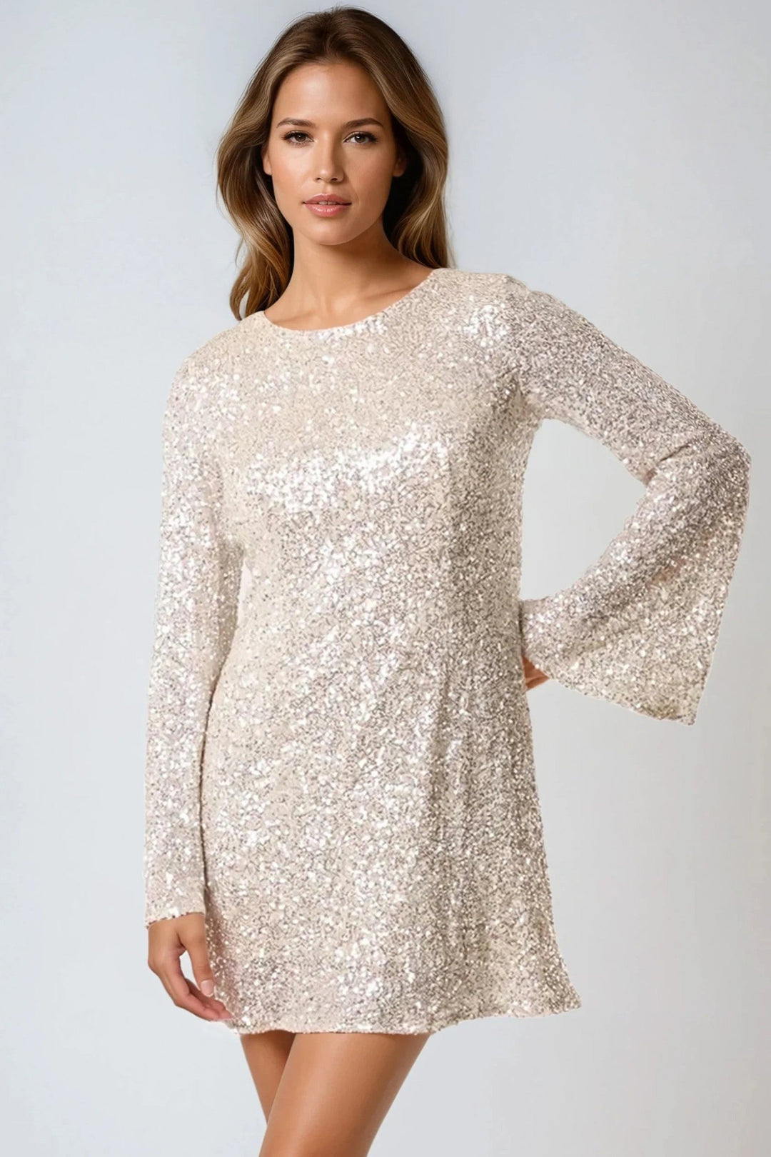 Champagne Bow Back Sequin Mini Dress - jqwholesale.com