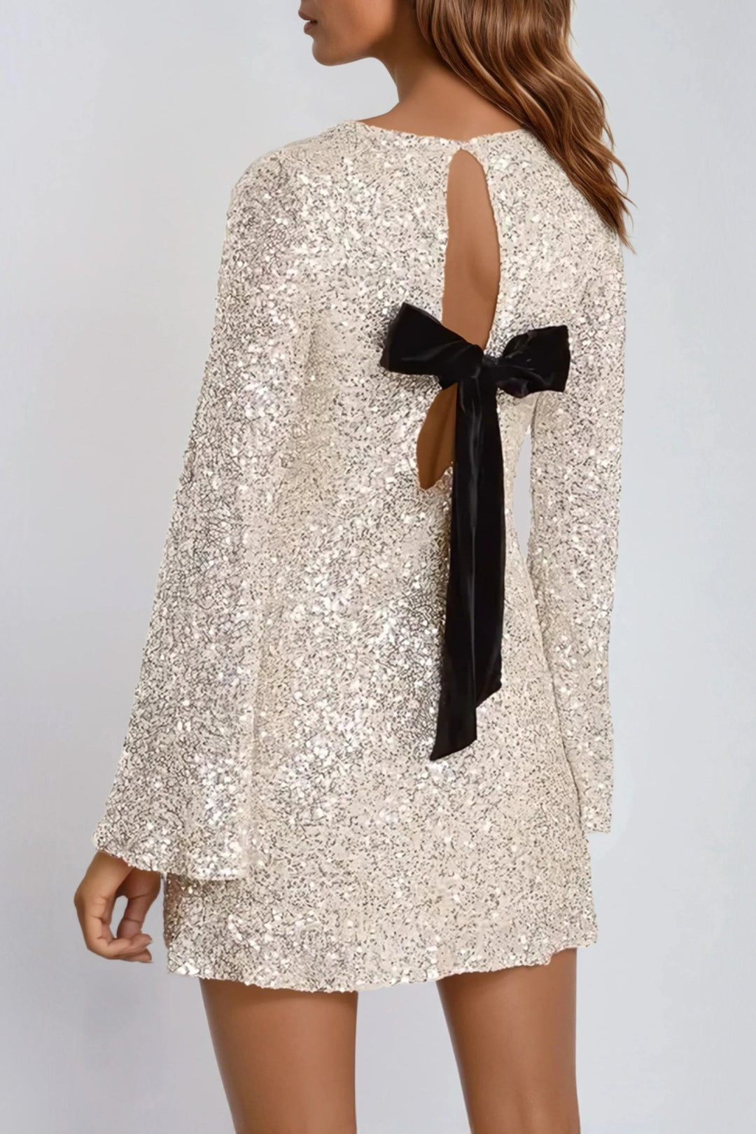 Champagne Bow Back Sequin Mini Dress - jqwholesale.com