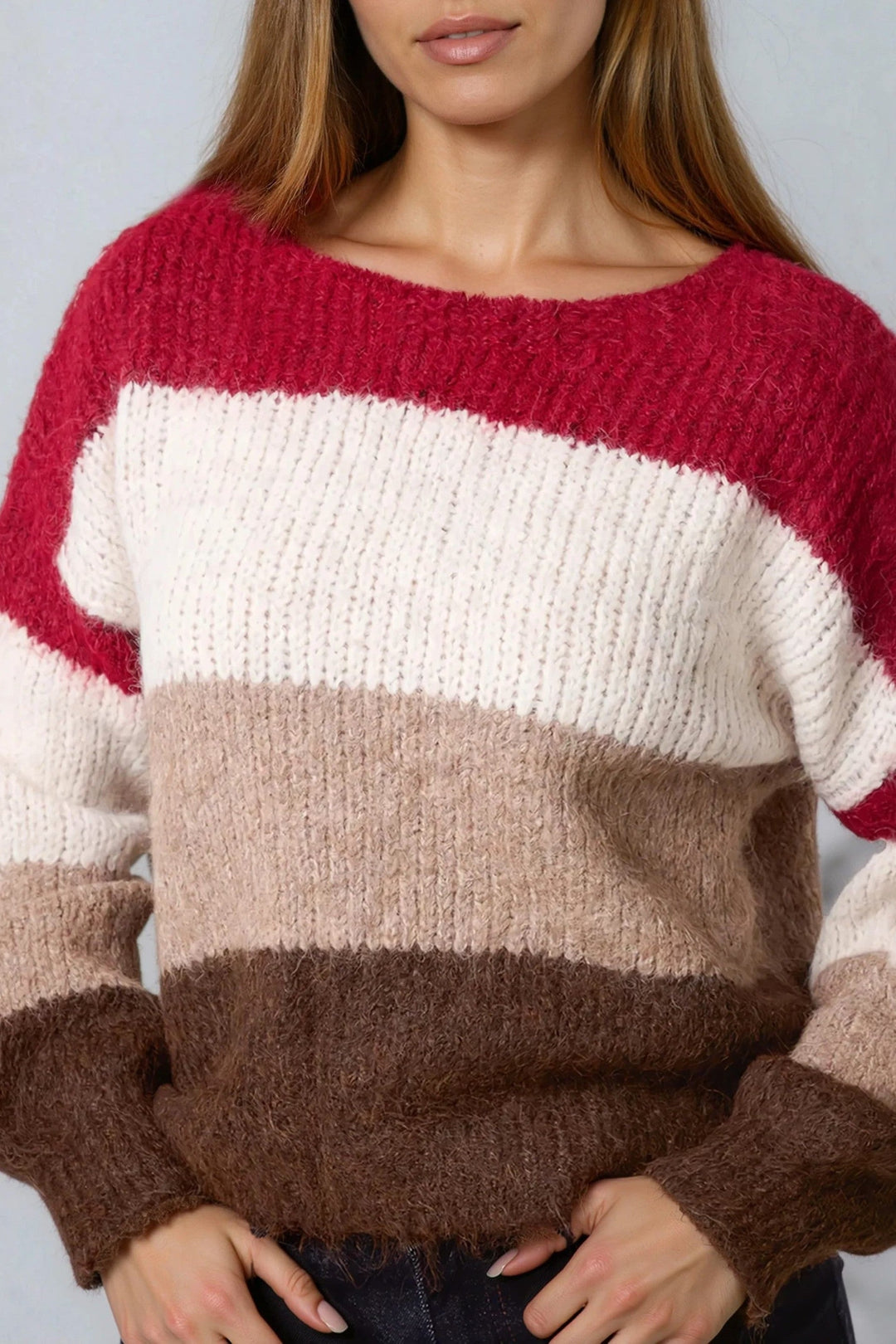 Wine Wool Blend Colour Block Knitted Jumper - jqwholesale.com