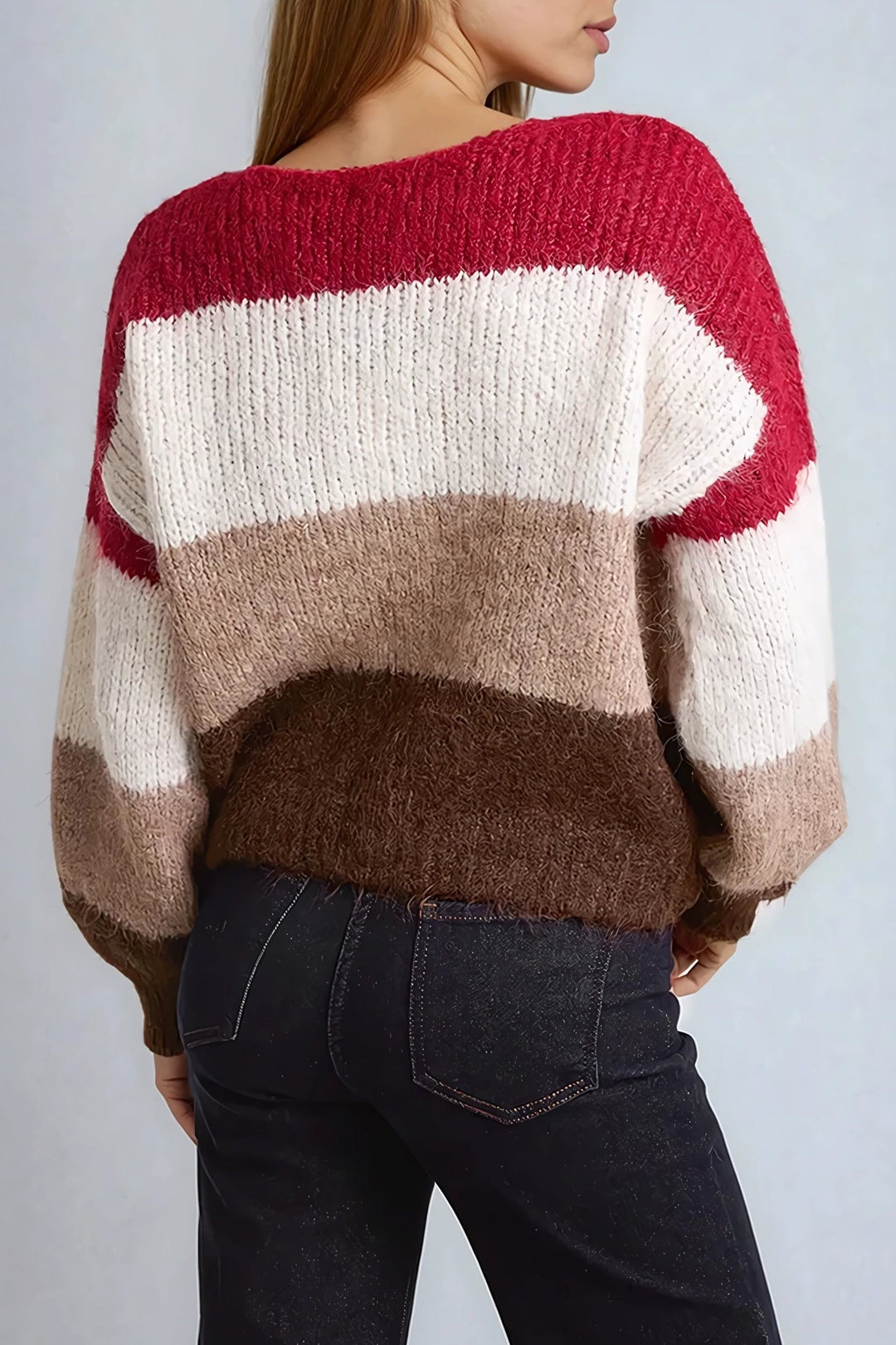 Wine Wool Blend Colour Block Knitted Jumper - jqwholesale.com
