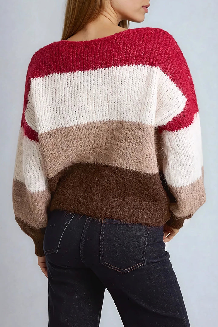 Wine Wool Blend Colour Block Knitted Jumper - jqwholesale.com