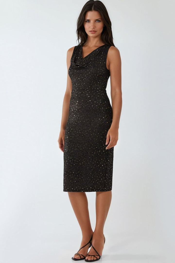 Gold Black Cowl Neck Midi Dress - jqwholesale.com