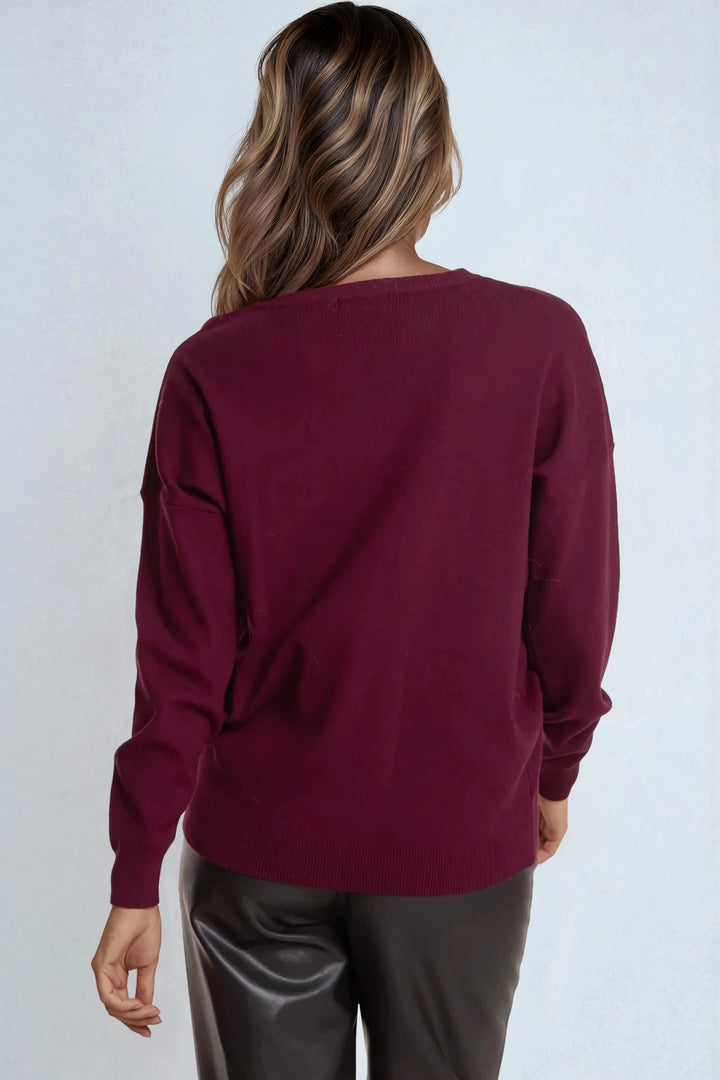 Burgundy Crew Neck Fine Knit Jumper - jqwholesale.com