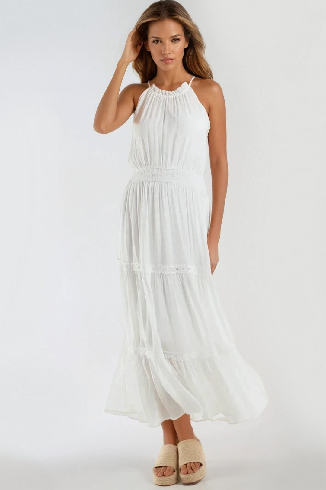 Ivory Tiered Halterneck Maxi Dress With Crochet Details - jqwholesale.com