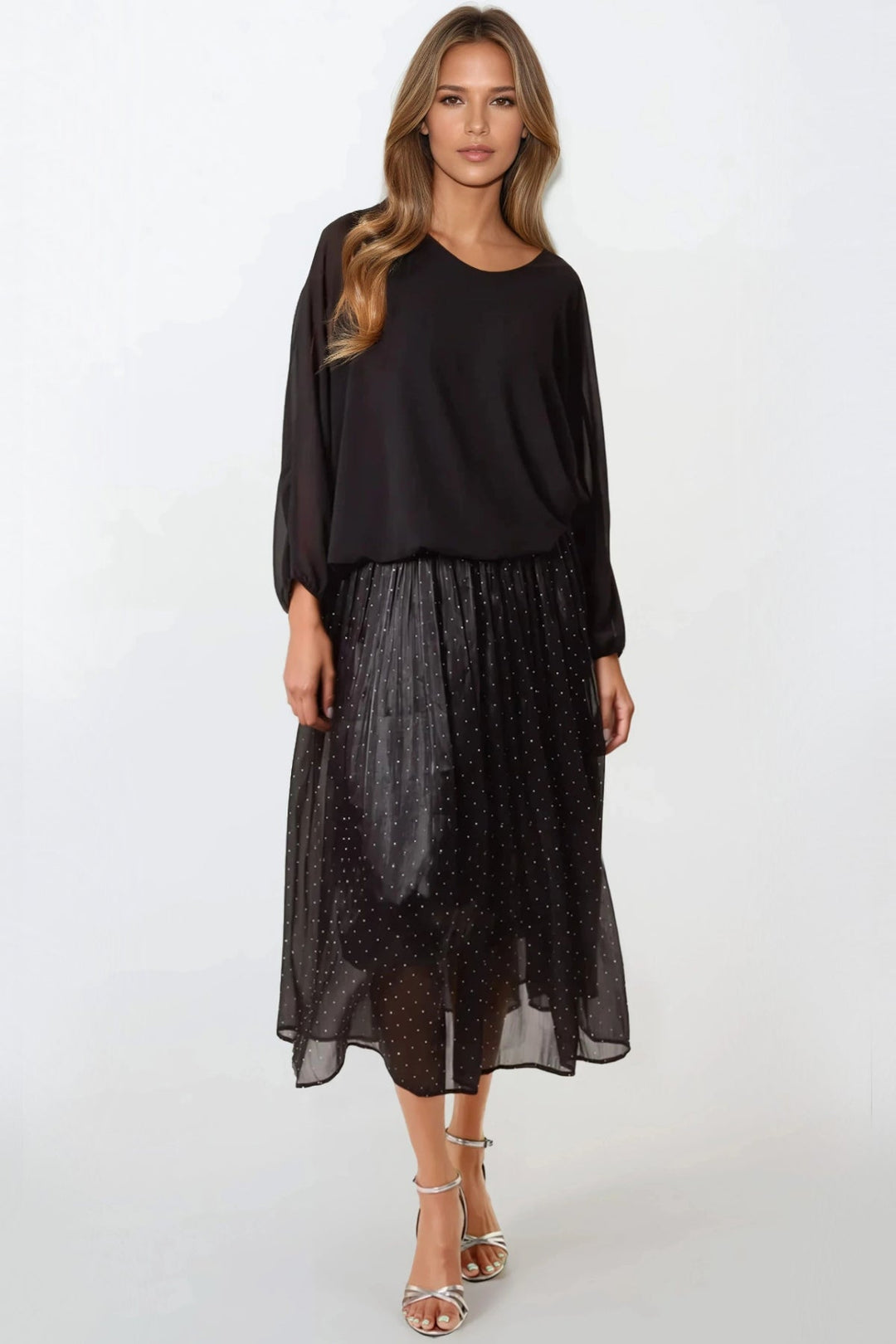 Black Diamante Embellished Pleated Midi Skirt - jqwholesale.com