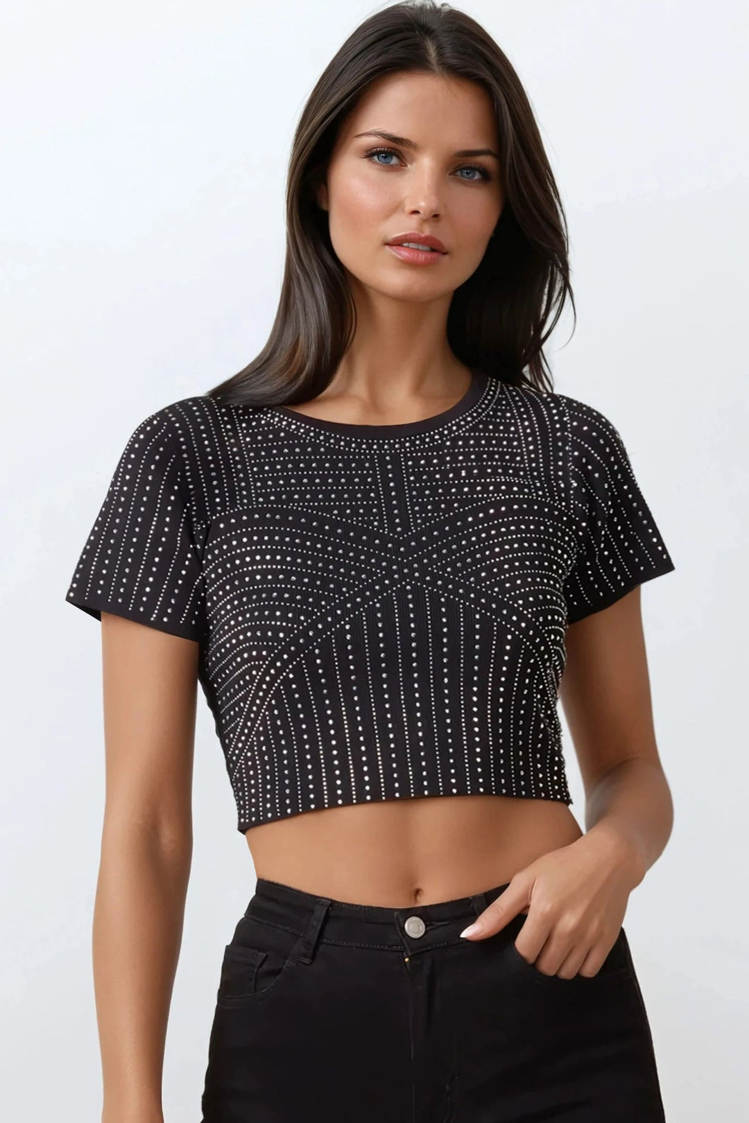 Black Embellished Crop Top - jqwholesale.com