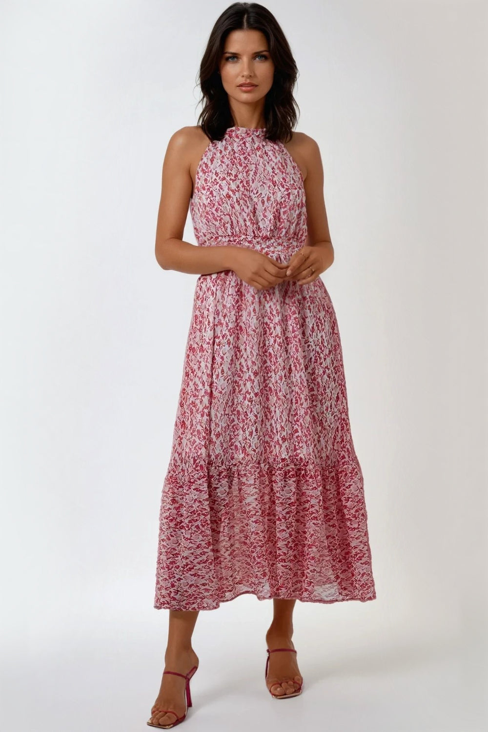 Pink Abstract Print Halterneck Maxi Dress - jqwholesale.com