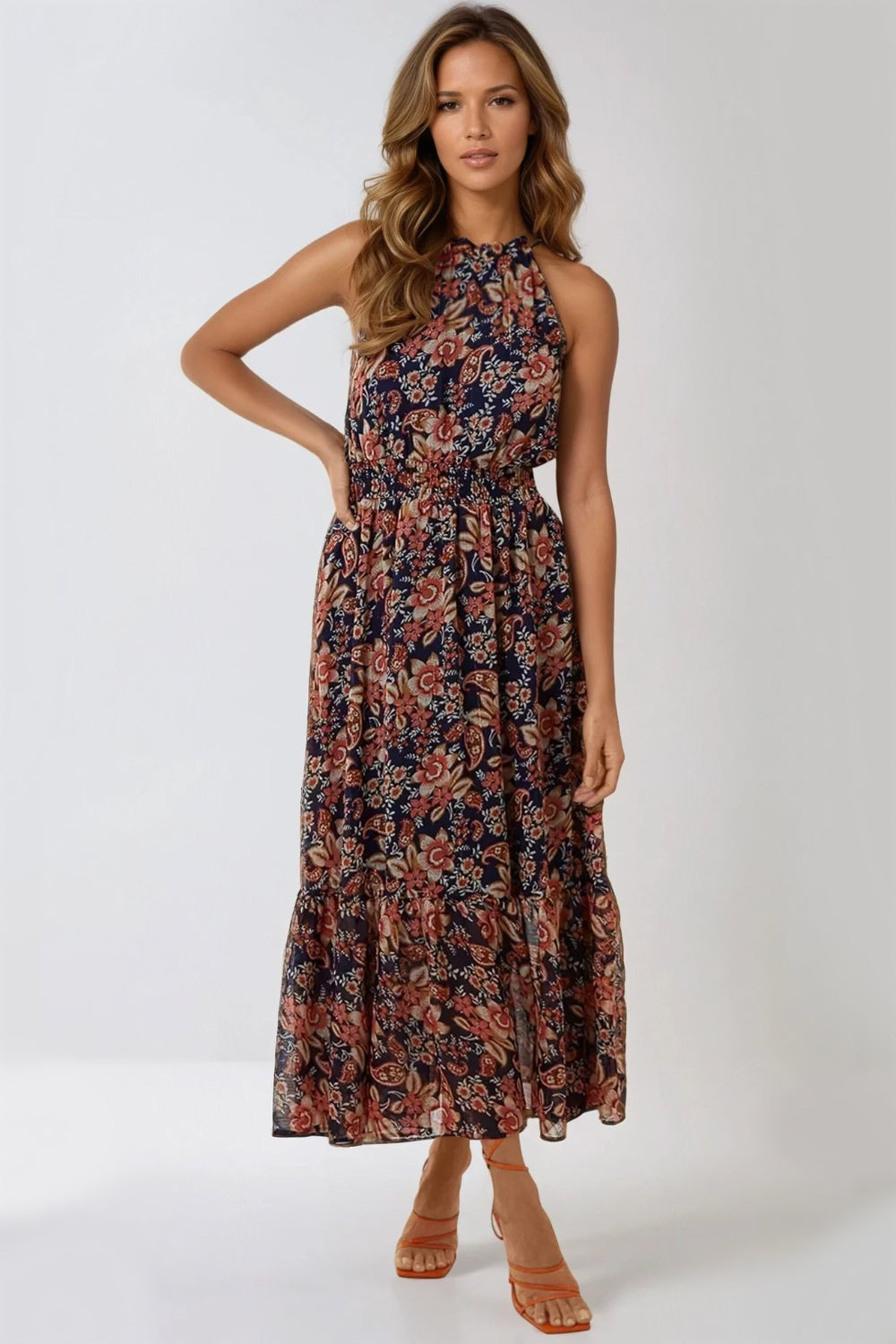 Navy Floral Print Halterneck Dress - jqwholesale.com