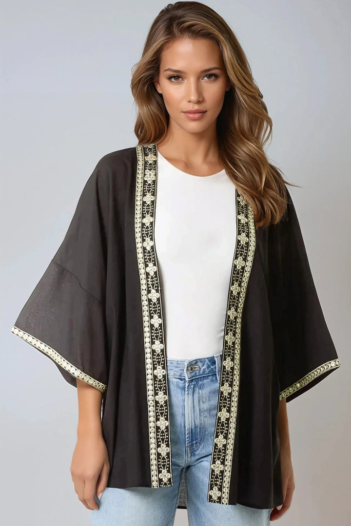 Black Embellished Edge Kimono - jqwholesale.com