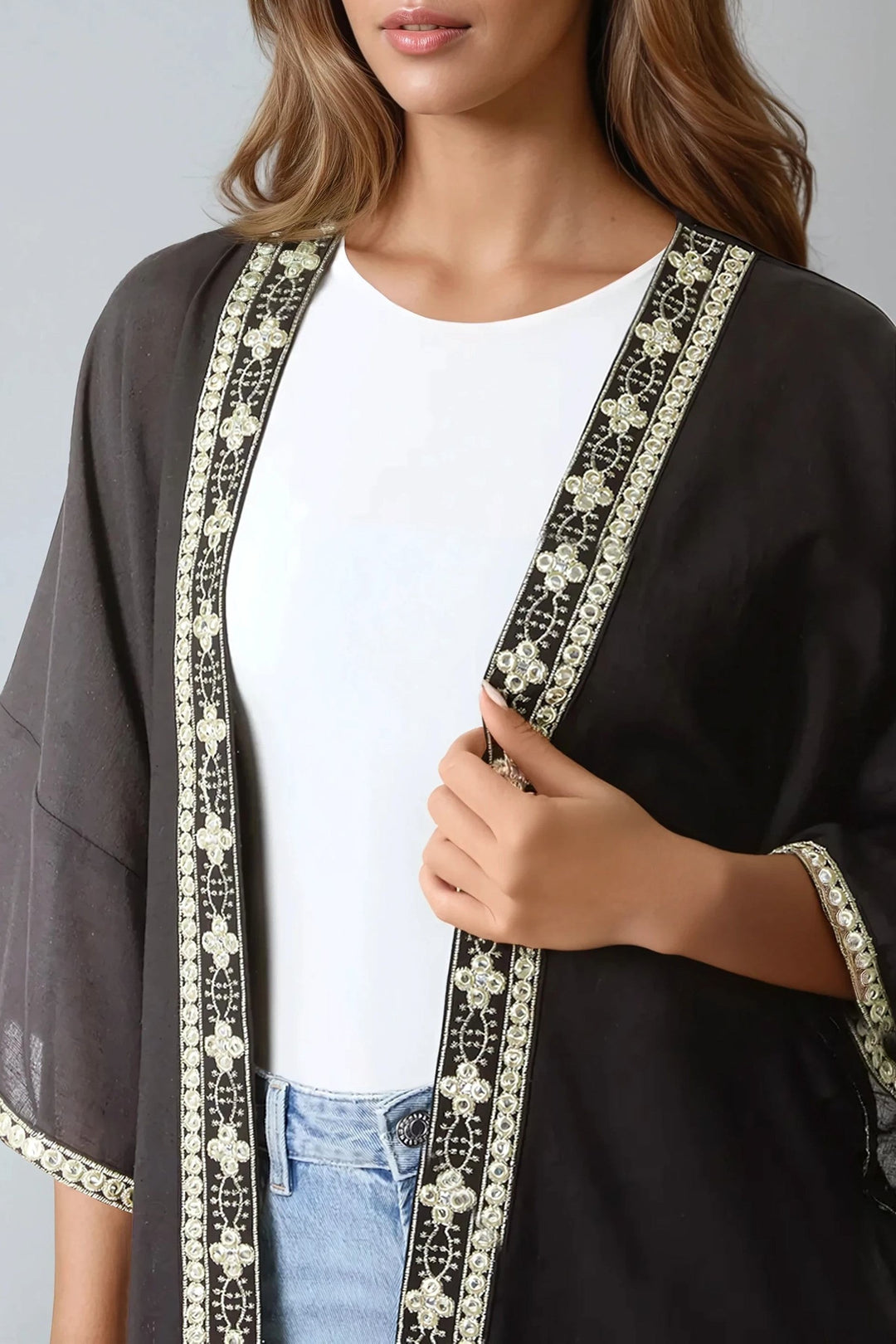 Black Embellished Edge Kimono - jqwholesale.com