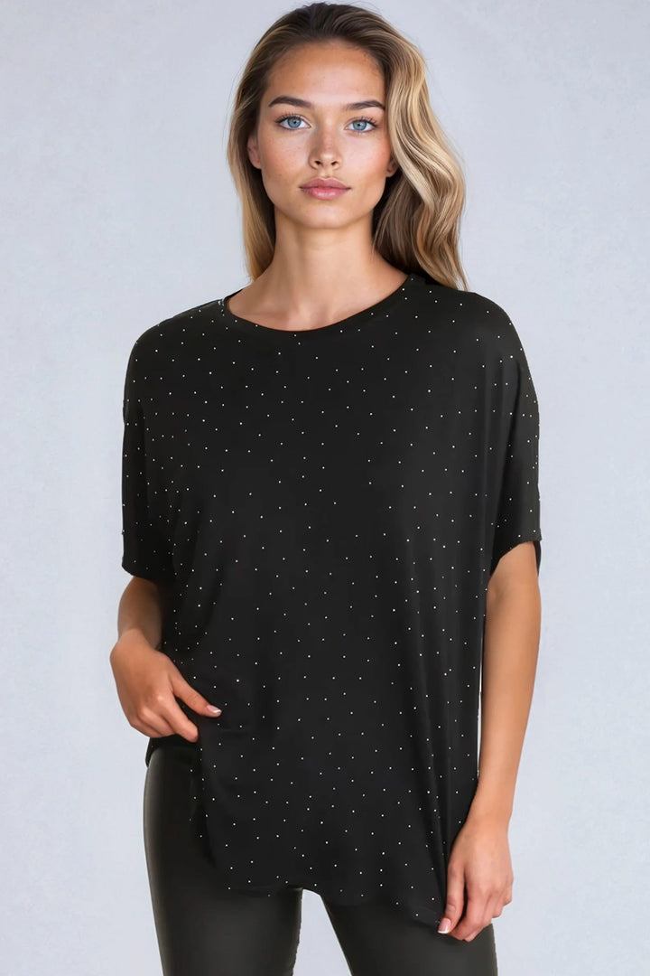 Black Embellished Round Neck T-Shirt - jqwholesale.com