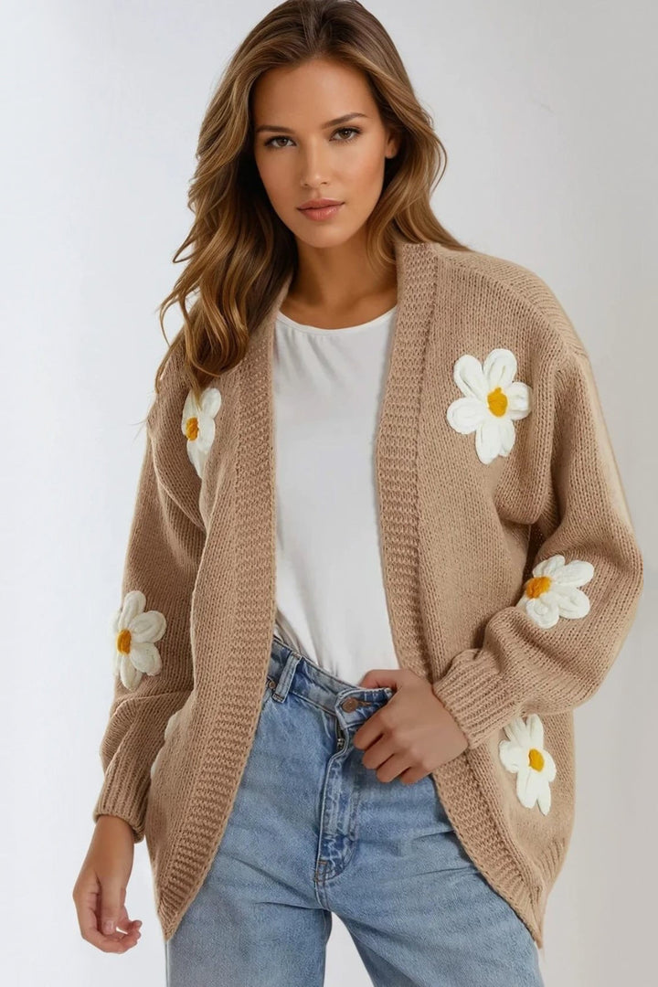 Beige Daisy Flower Knit Cardigan - jqwholesale.com