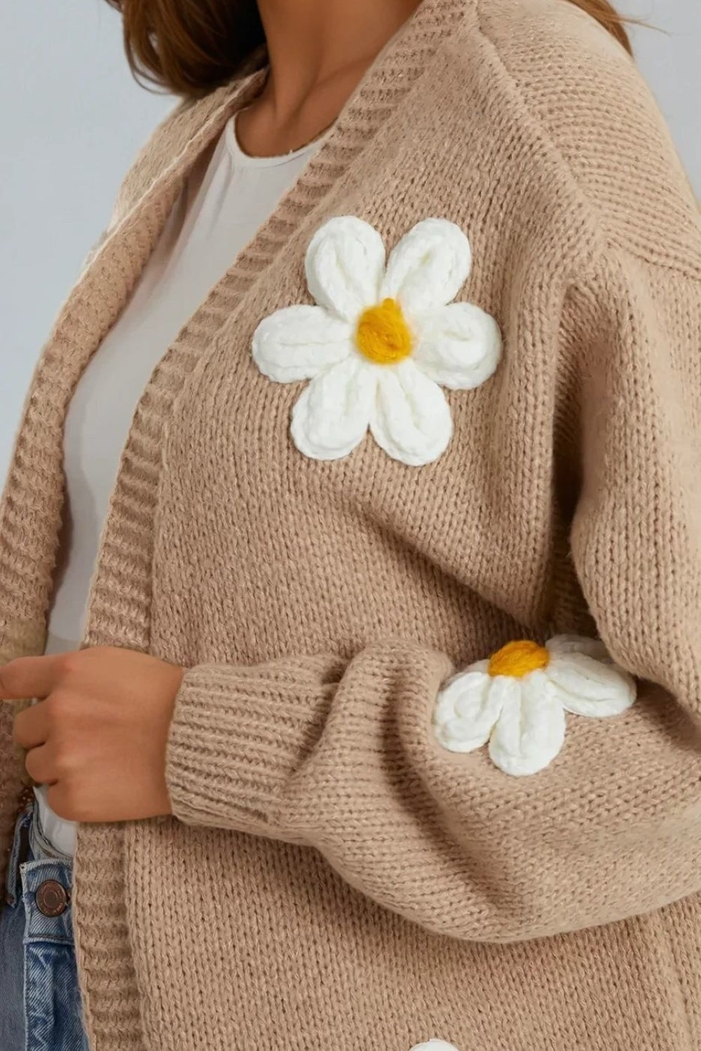 Beige Daisy Flower Knit Cardigan - jqwholesale.com