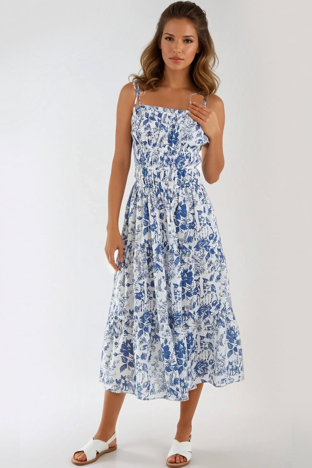 Blue Floral Print Cami Midi Dress - jqwholesale.com