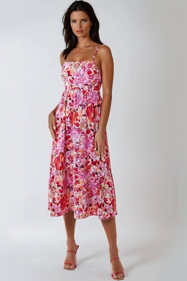Pink Floral Cami Midi Dress With Cut Out Back - jqwholesale.com
