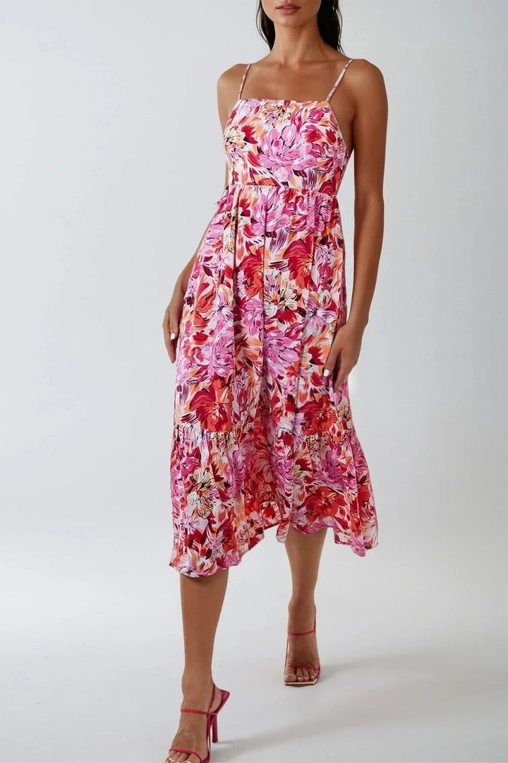 Pink Floral Cami Midi Dress With Cut Out Back - jqwholesale.com