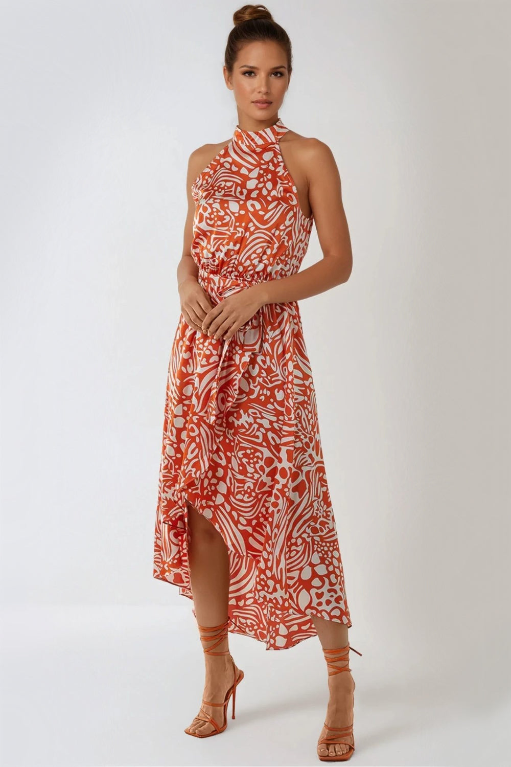Orange Floral Halterneck Wrap Midi Dress - jqwholesale.com