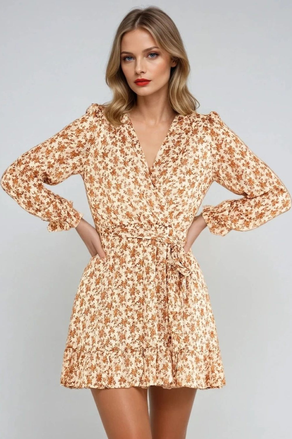 Beige Floral Wrap Mini Dress - jqwholesale.com