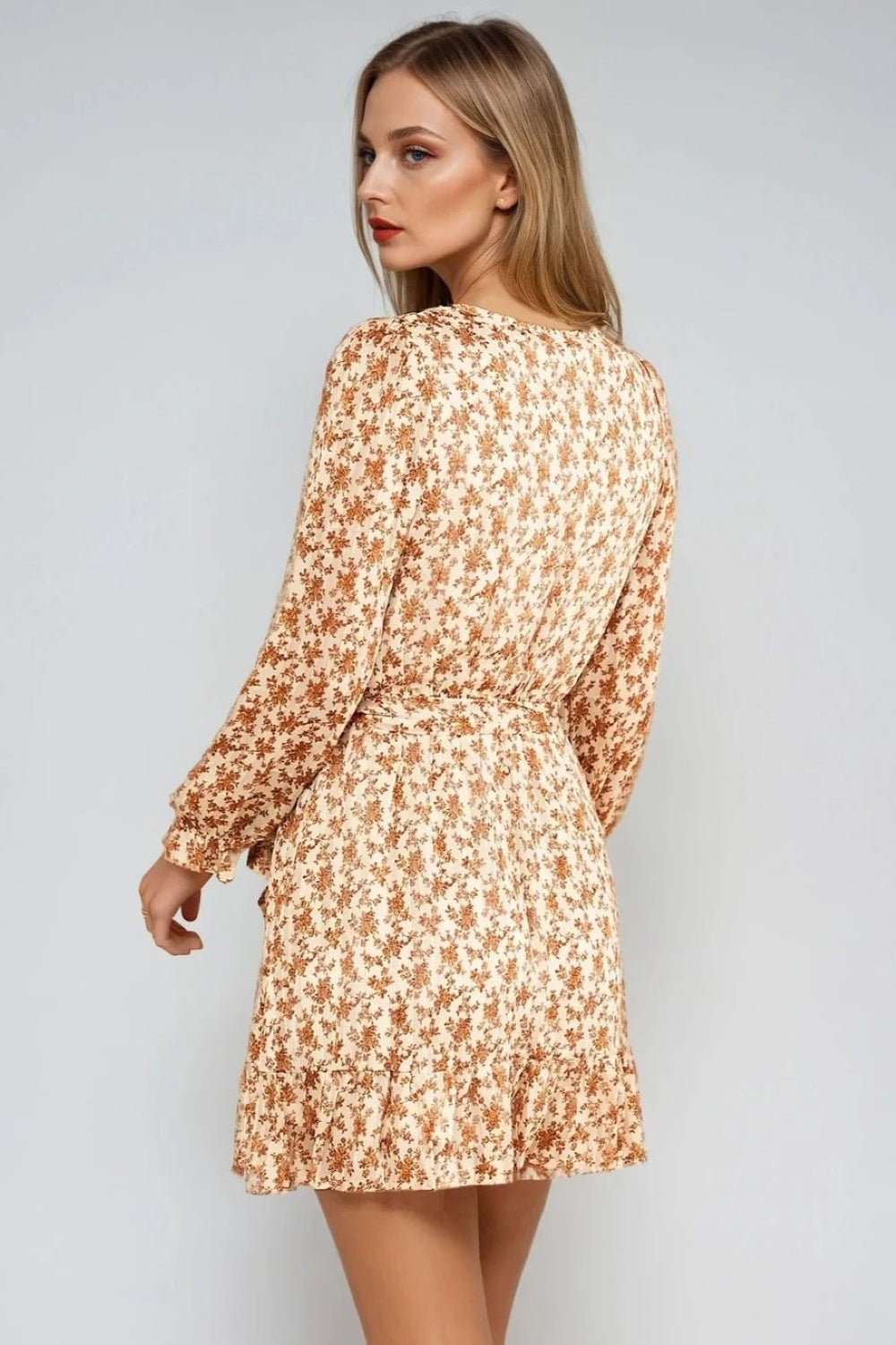 Beige Floral Wrap Mini Dress - jqwholesale.com