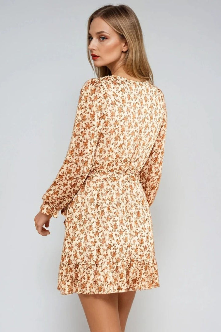 Beige Floral Wrap Mini Dress - jqwholesale.com
