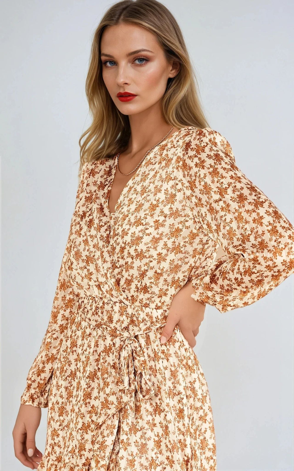 Beige Floral Wrap Mini Dress - jqwholesale.com