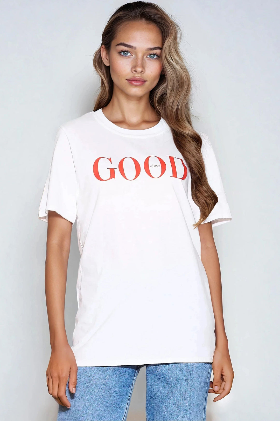 White Good Vibes Printed Cotton T-Shirt - jqwholesale.com