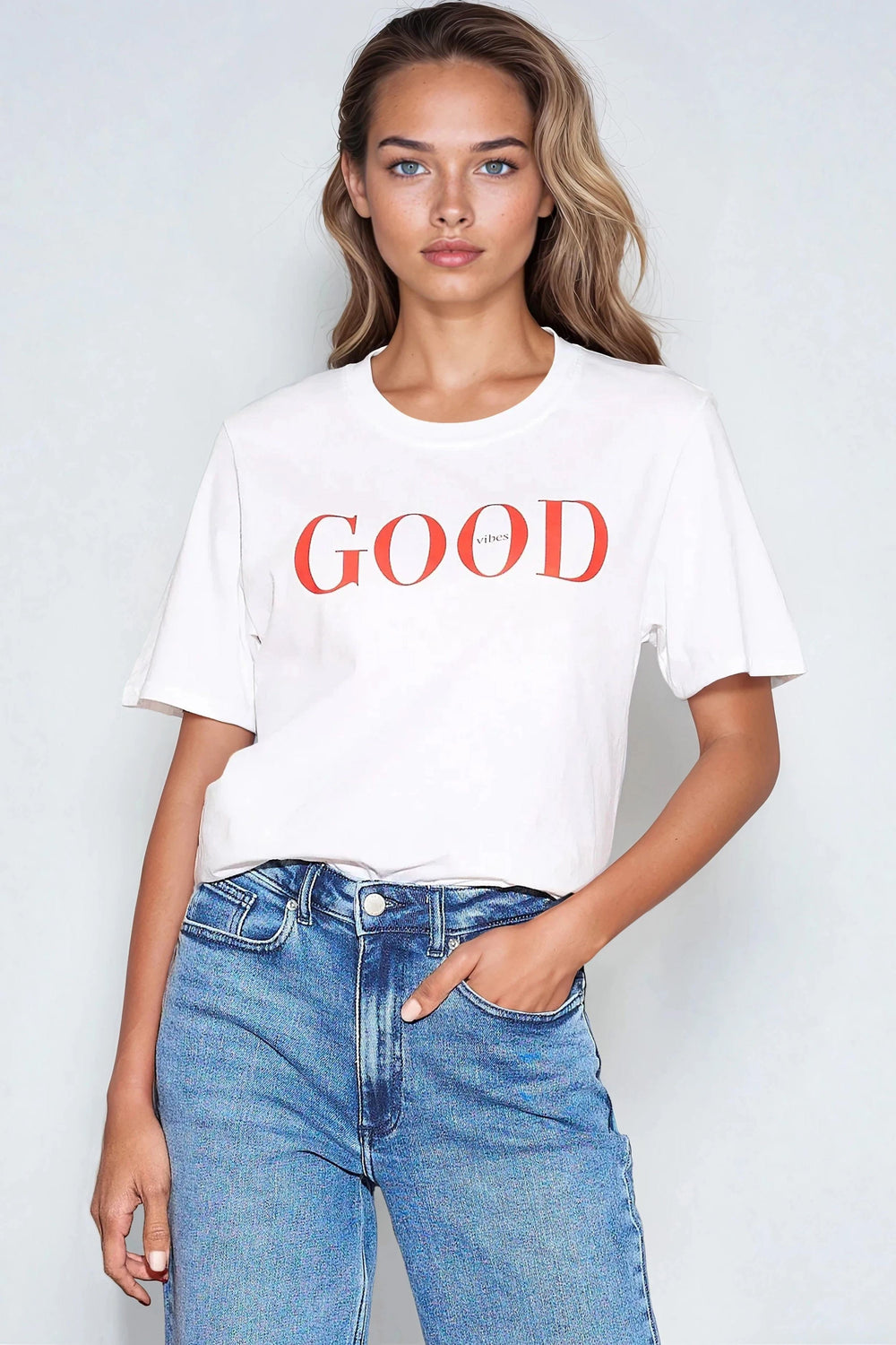 White Good Vibes Printed Cotton T-Shirt - jqwholesale.com