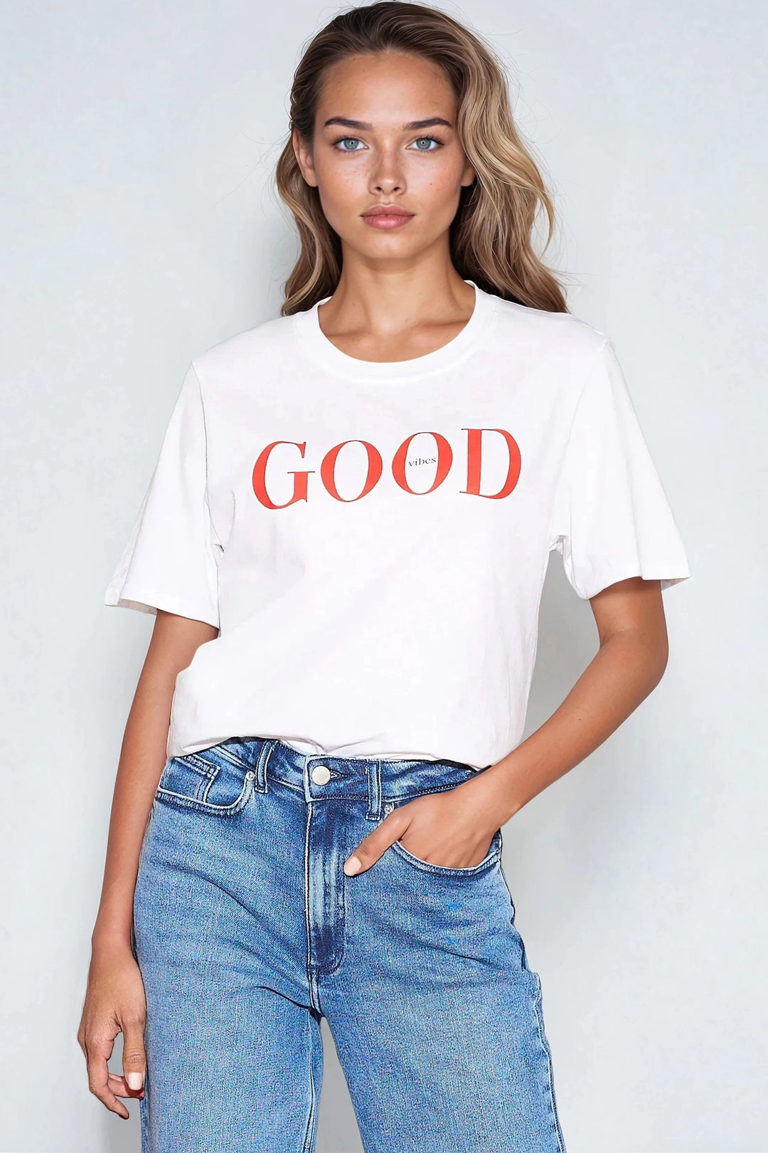 White Good Vibes Printed Cotton T-Shirt - jqwholesale.com