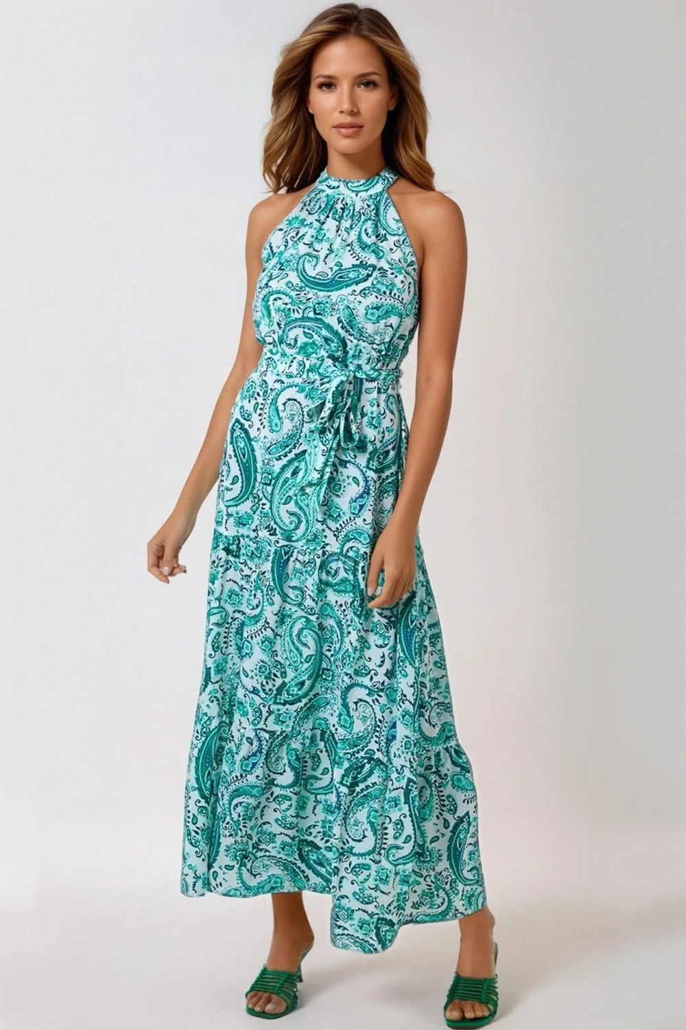 Green Paisley Print Halterneck Maxi Dress - jqwholesale.com