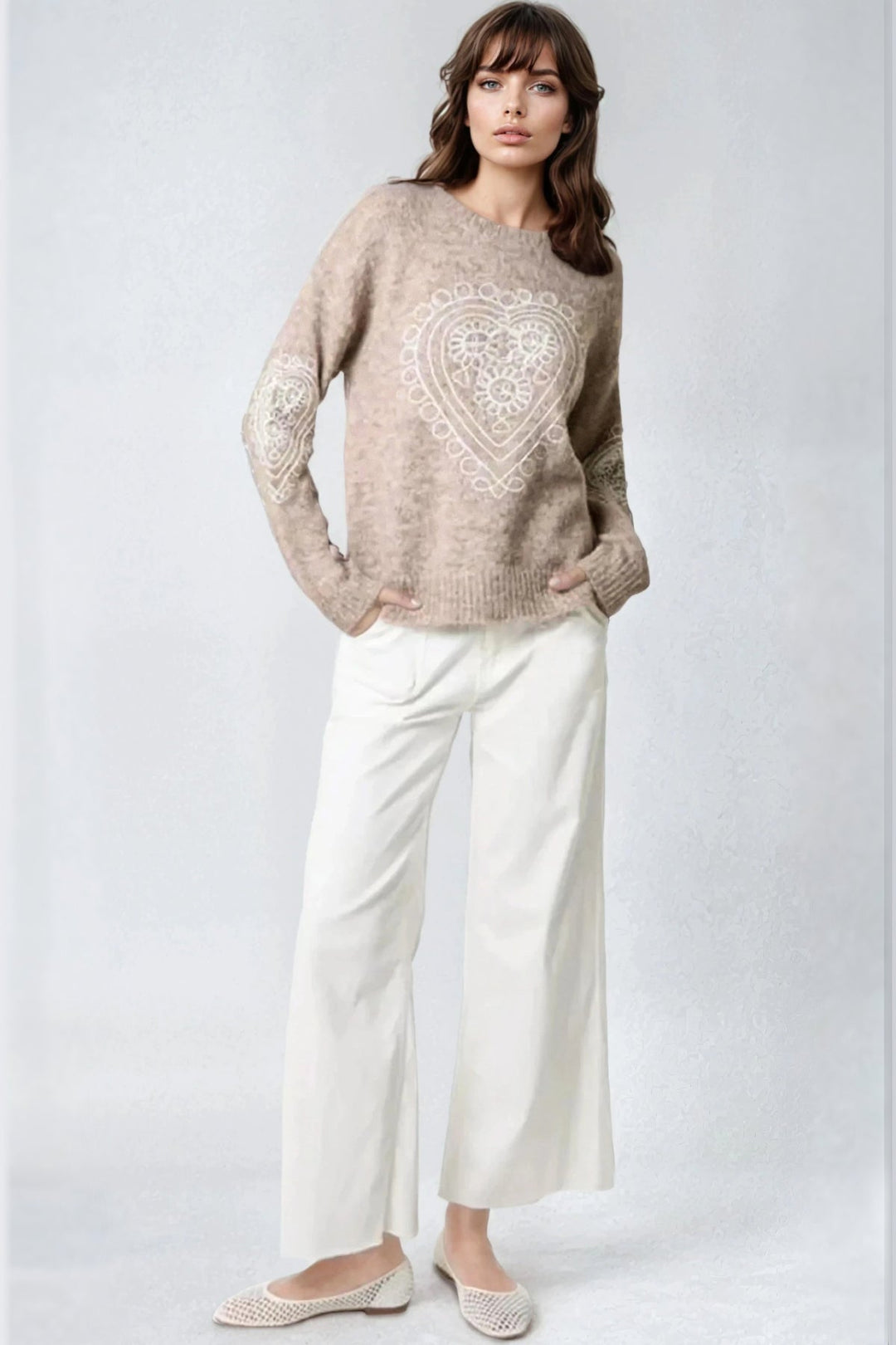 Mocha Heart Embroidered Wool Blend Jumper - jqwholesale.com