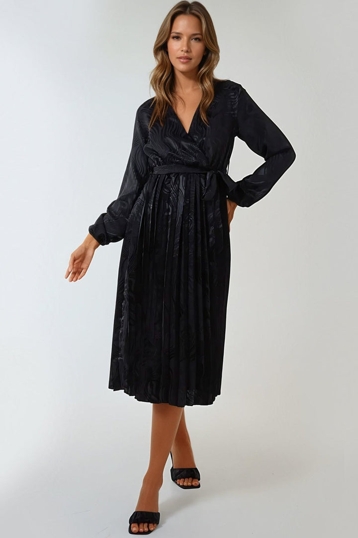 Black Wrap Front Belted Midi Dress - jqwholesale.com