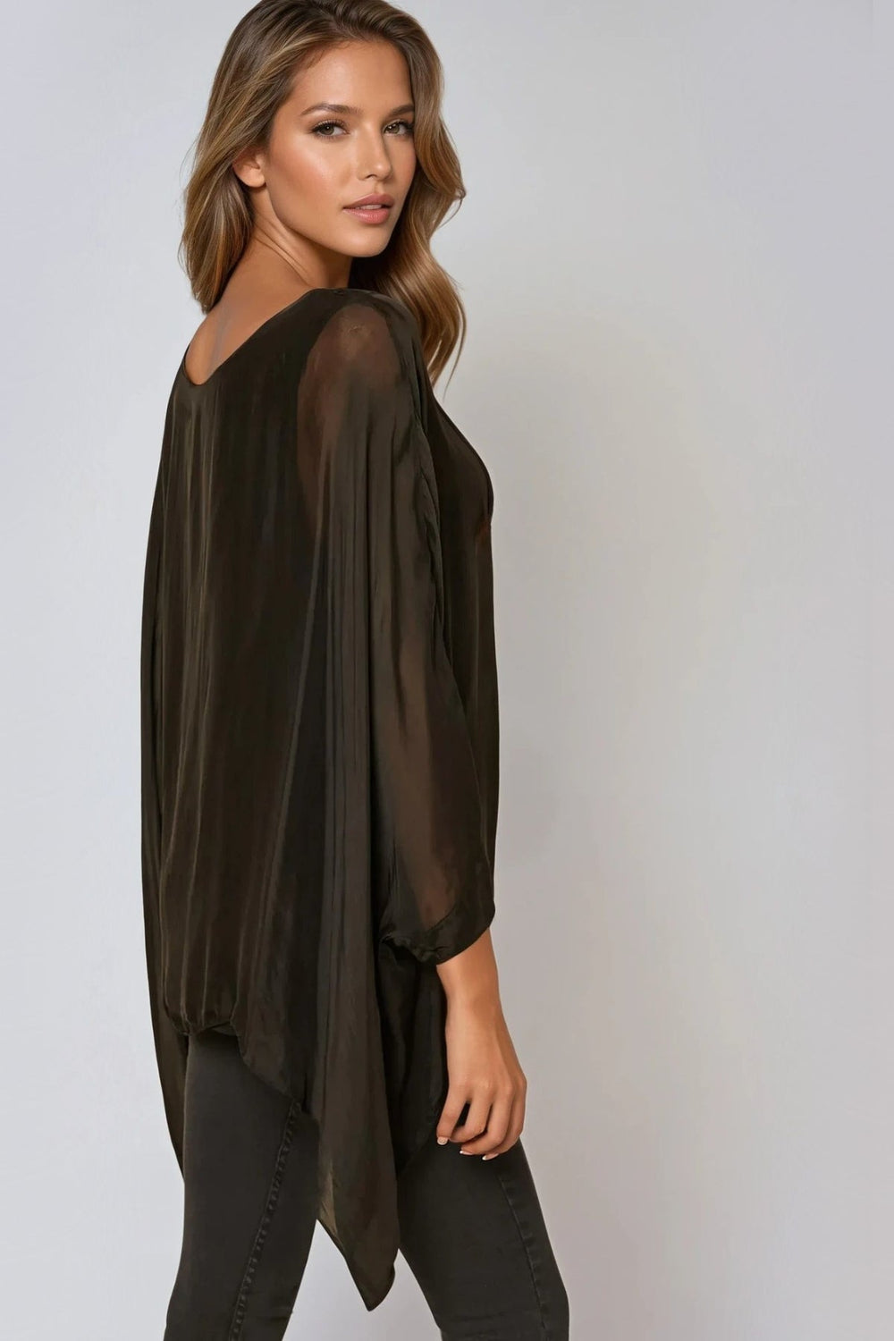 Black Silk Batwing Sleeve Round Neck Blouse - jqwholesale.com