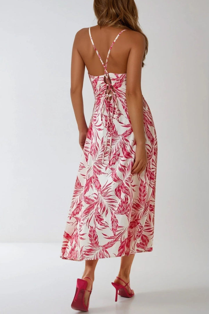Pink Leaf Print Lace Up Back Midi Dress - jqwholesale.com