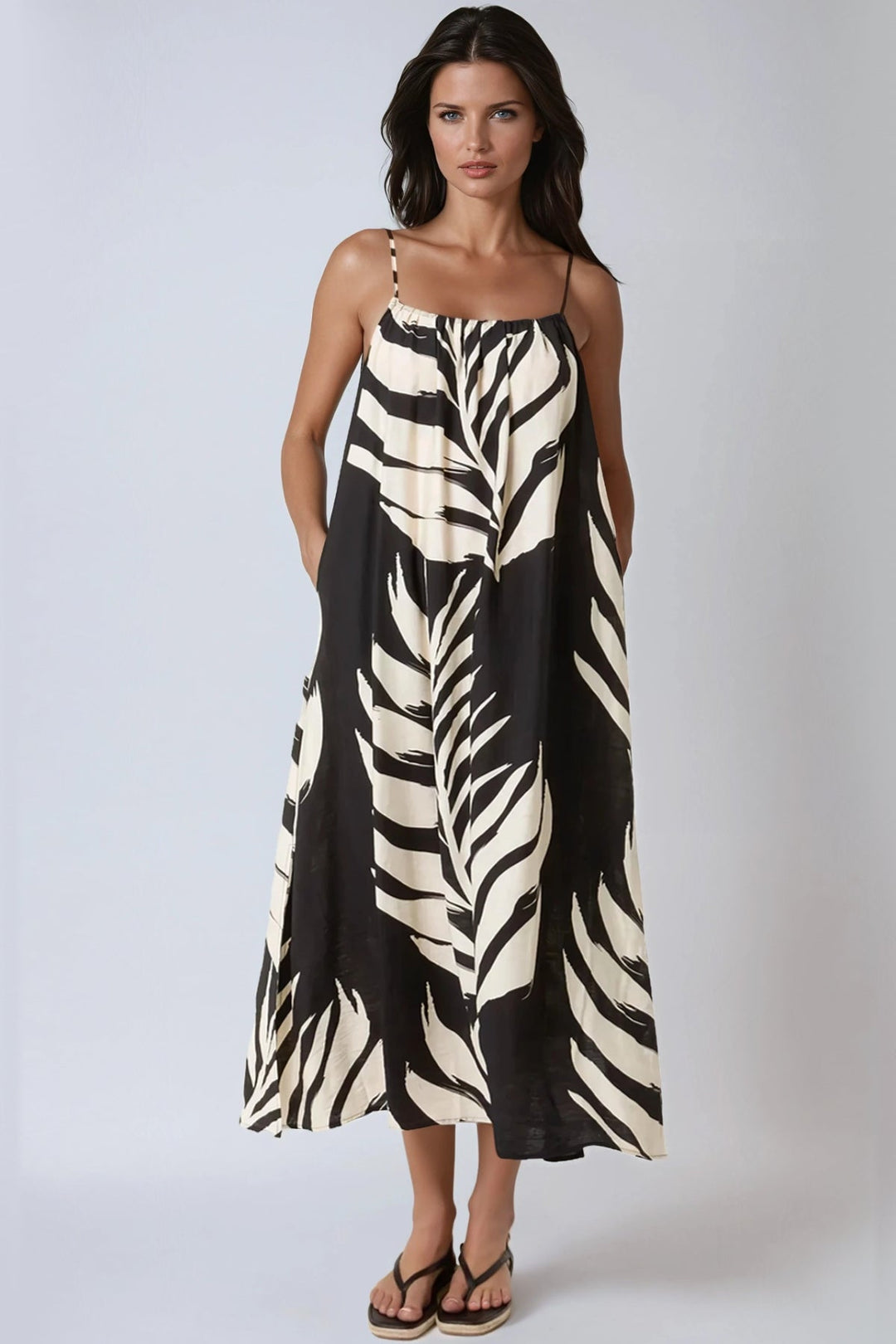 Black Leaf Print Strappy Dress - jqwholesale.com